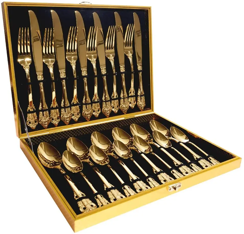 24 Piece Gold Flatware Silverware Set Stainless Steel Tableware Gift Box Eating Utensils Cutlery Set for Weeding Party