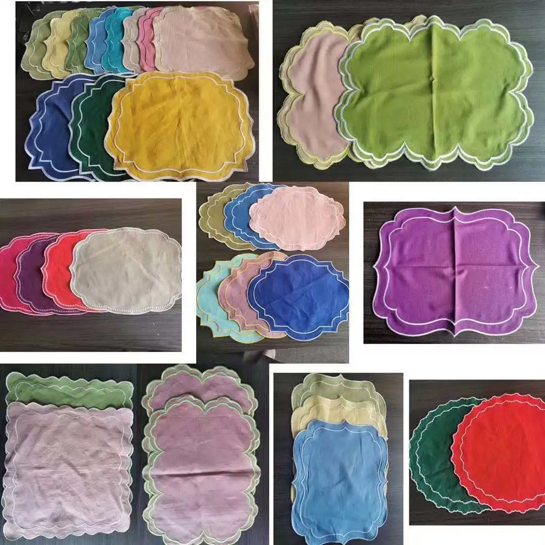 Hand Embroidery scallop side napkins Custom Print 100% Flax Linen Dinner Napkins