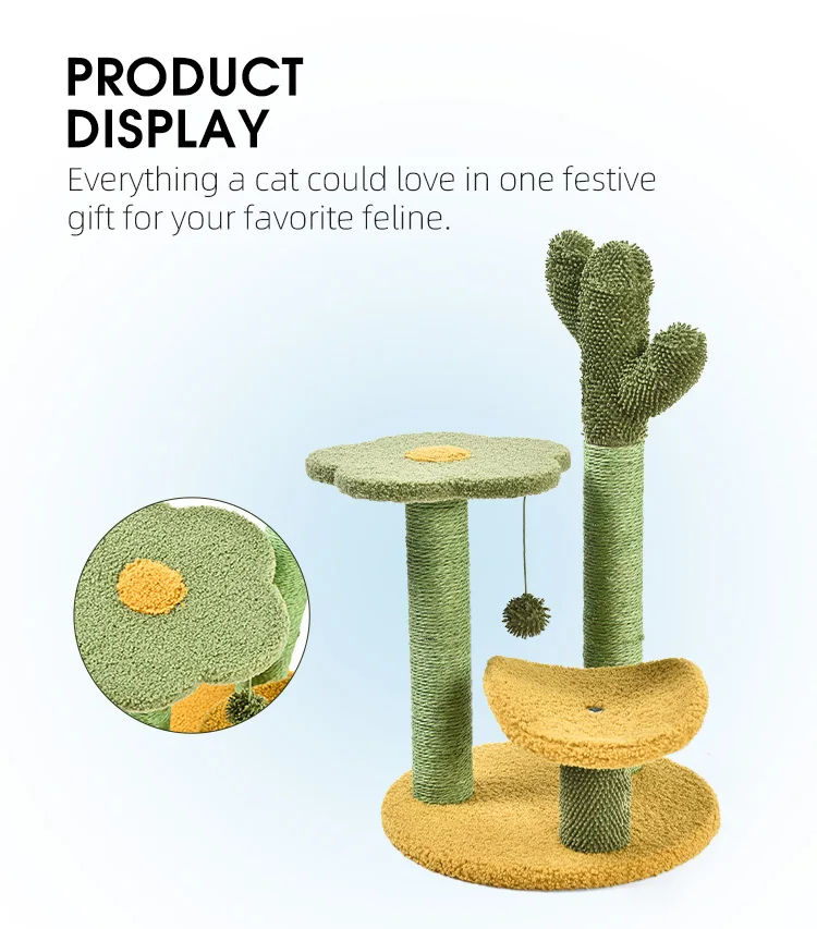 Natural Cat Scratching Post Featuring  3 Scratching Poles Dangling Ball Cat Tree Cactus Cat Scratcher