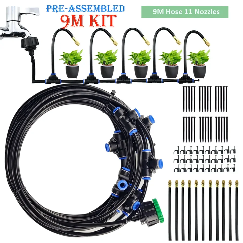9M Plant Watering Kit Garden Irrigation Mist Cooling System Adjustable Atomization Sprinkler Nozzles and Water Timer