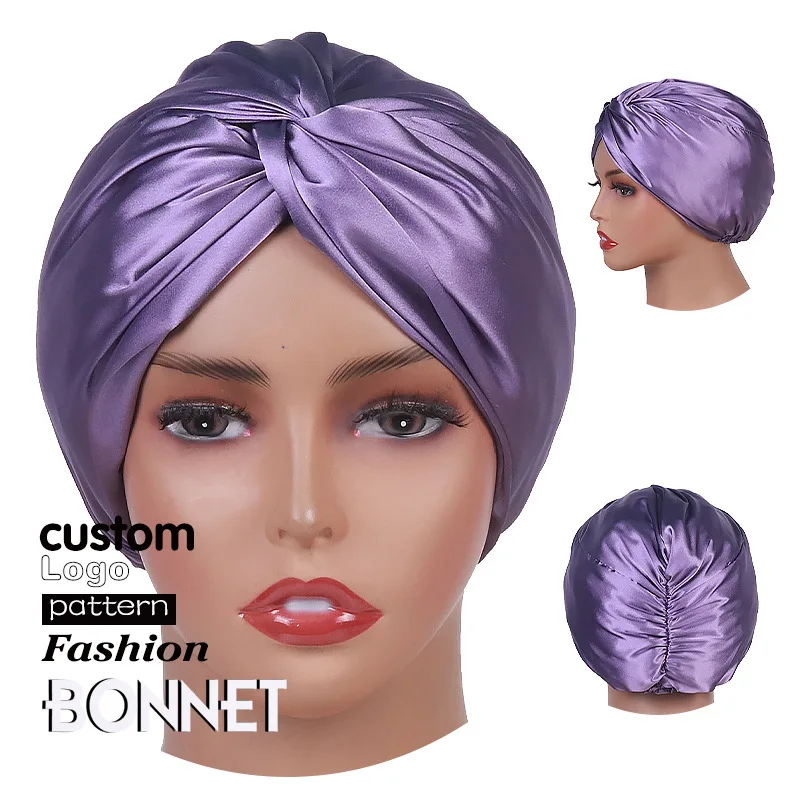 Wholesale Double Layer Hair Bonnet Customized Women Satin Bonnets Turban With Logo
