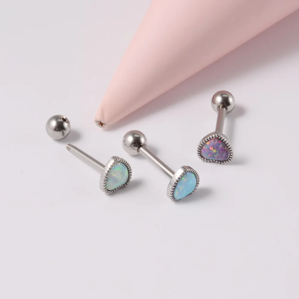 New 1PC Surgical Steel Opal Tongue Rings For Women Heart Shape Ear Tragus Cartilage Cheek Piercing Opal Heart Tongue Piercing