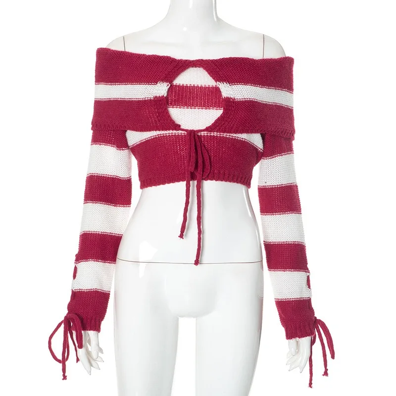 Knitted Sexy Off Shoulder Striped Women Sweater Red Long Sleeve Lace up Top Only Female Autumn New Casual Streetwear Sweater
