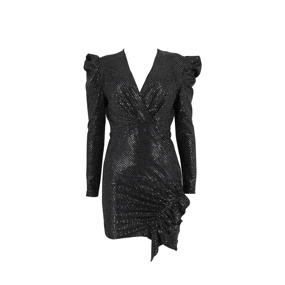 Модное черное вязаное вечернее платье с блестками, облегающее мини-платье с длинным рукавом и V-образным вырезом для коктейля