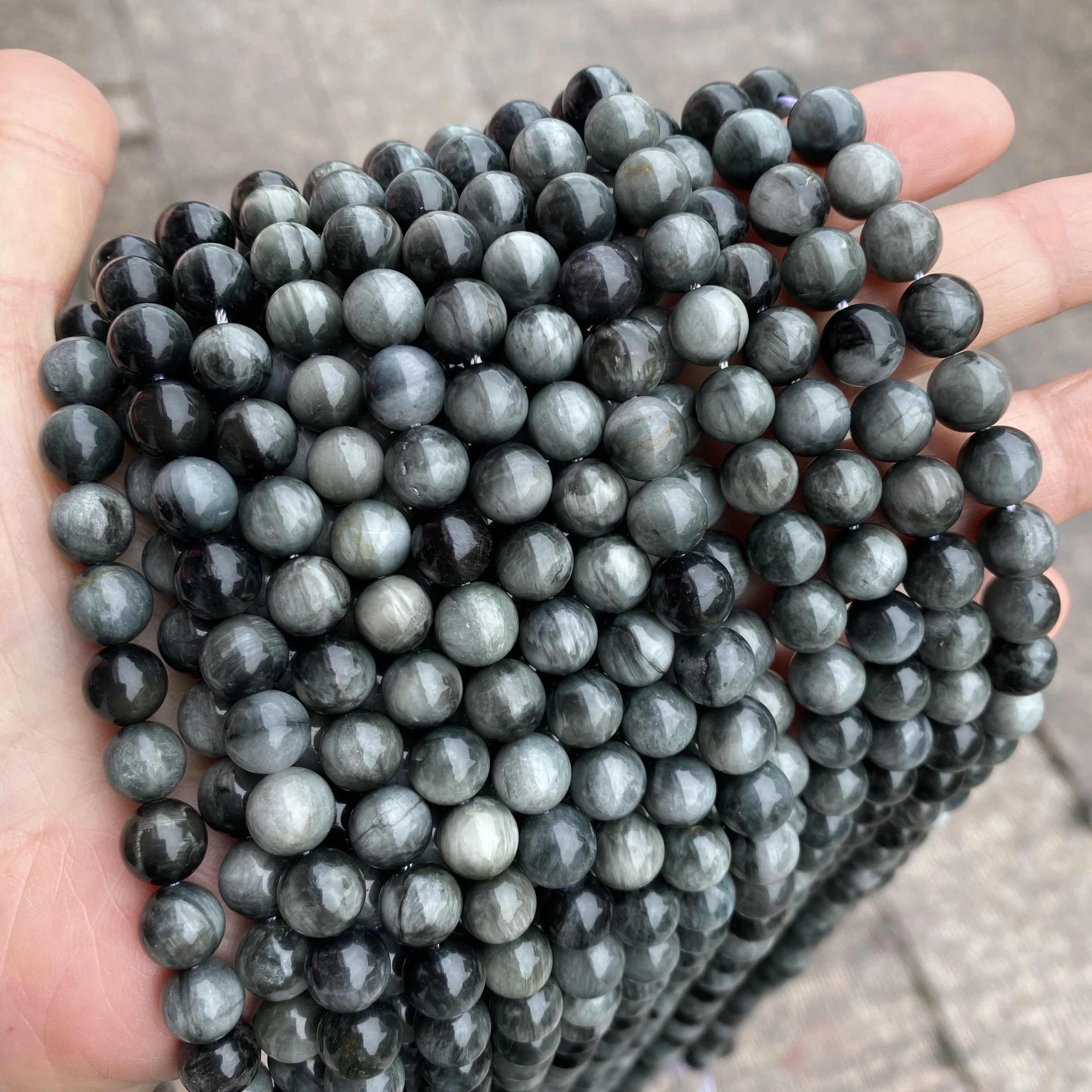 Amazon Natural Stone Beads Gemstone Smooth Loose Round Gray Kyanite Hawk Eye Gray Eagle Eye Stone Beads for DIY jewelry making