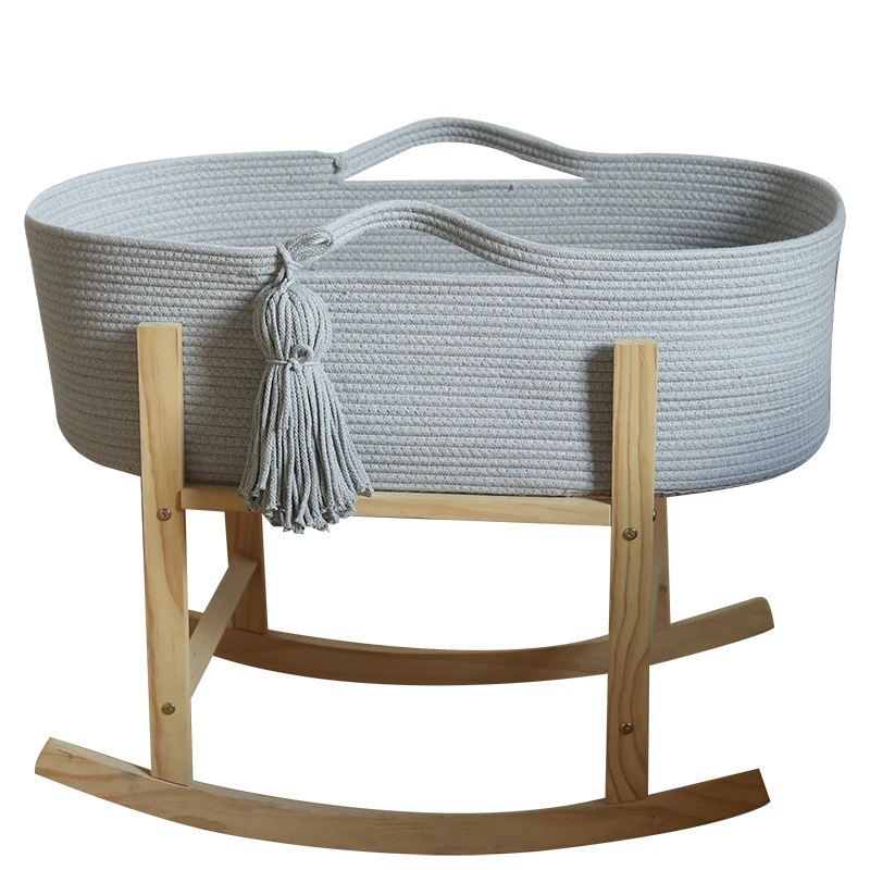 ICEBLUE HD Handmade Beige Cotton Rope Nursery Moses Basket Portable Baby Bassinet