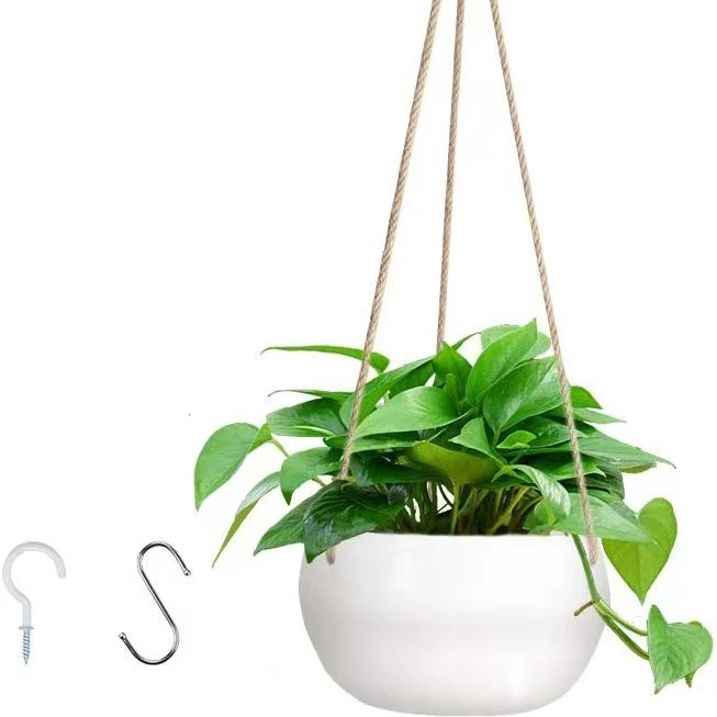 Home Decor Ceramic Hanging planter with Drainage Holes Morden White Hanging Plant Pot with Hooks,7.5 Inch