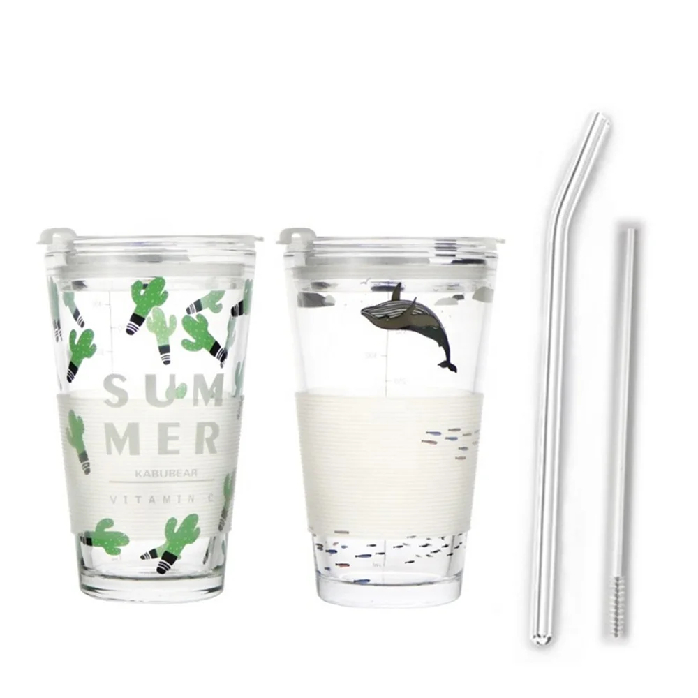 
Wholesale best Price 15oz Glass Coffee Mug Juice Bottle Straw Tumblers with paper box package 