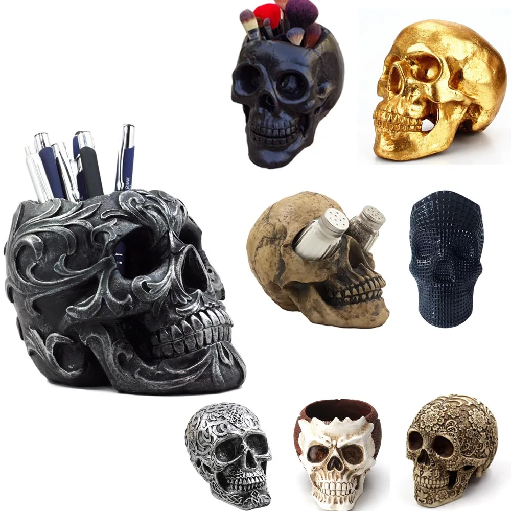 Античный серебряный держатель для ручек в виде черепа из полирезины с тату цветочным узором Декор настольный канцелярский органайзер полимерный кистей