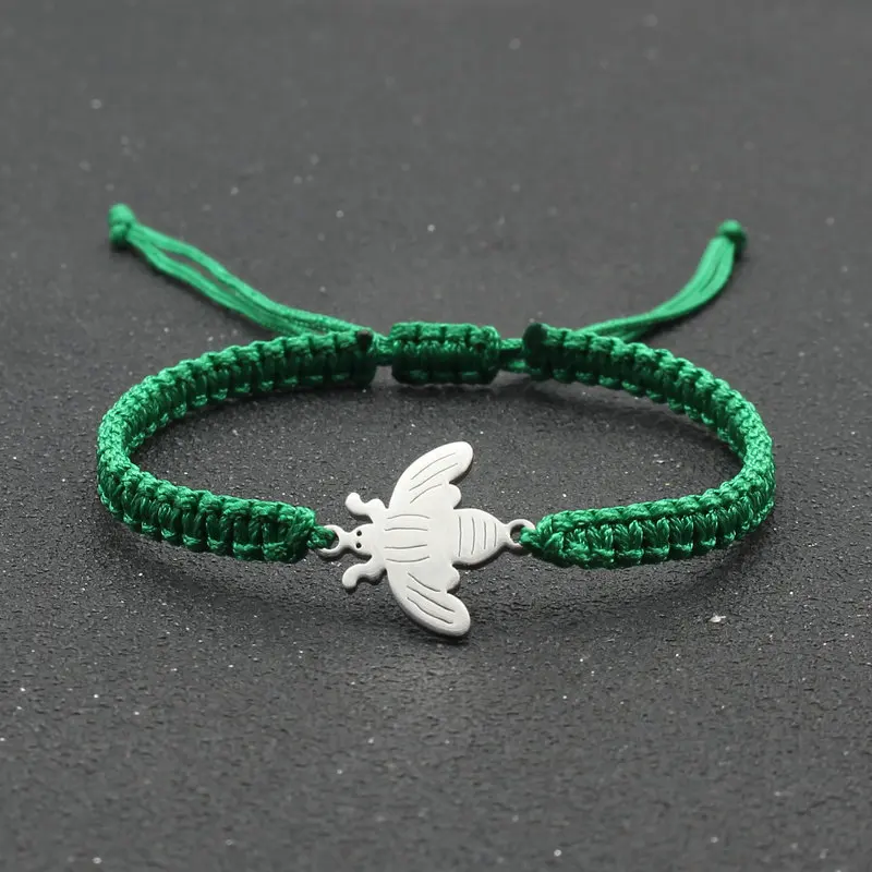 Fashion New stainless steel small bee bracelet hand woven adjustable red rope bracelet flat knot rope for men and women jewelry