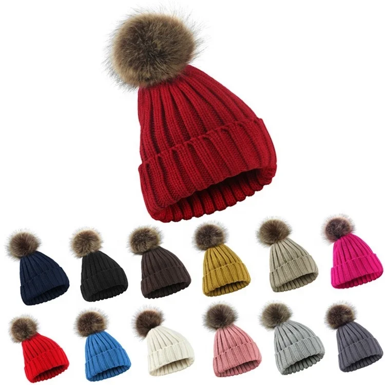 KENSHELLEY Wholesale Winter Outdoor Ski Knitted Warm Hat Solid Color Vertical Stripes Rabbit Fur Pom Pom Beanie Hats For Woman