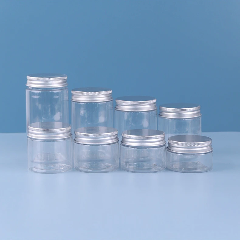 wholesale food grade clear Transparent wide mouth food body butter lips cosmetic containers plastic PET jar with aluminum Lid