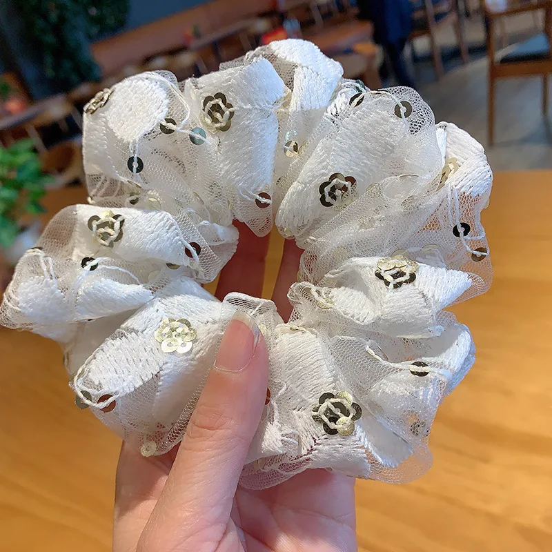 Embroidery White Lace Elegant Lady Summer Scrunchies Breathable Women Hair Bands Retro Large Hair Tie