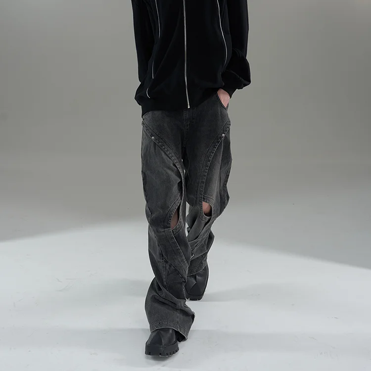 Custom wholesale mens black faded causal relaxed fit cutout denim jeans with zipper cuff