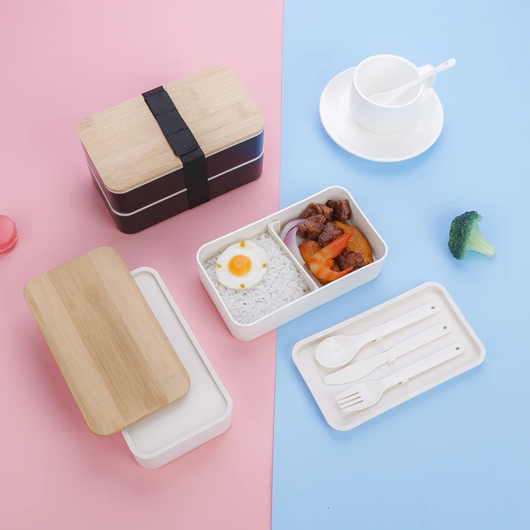 Portable Food Mealtime Double Layers Containers Leakproof Bamboo Lid Lunch Bento Box