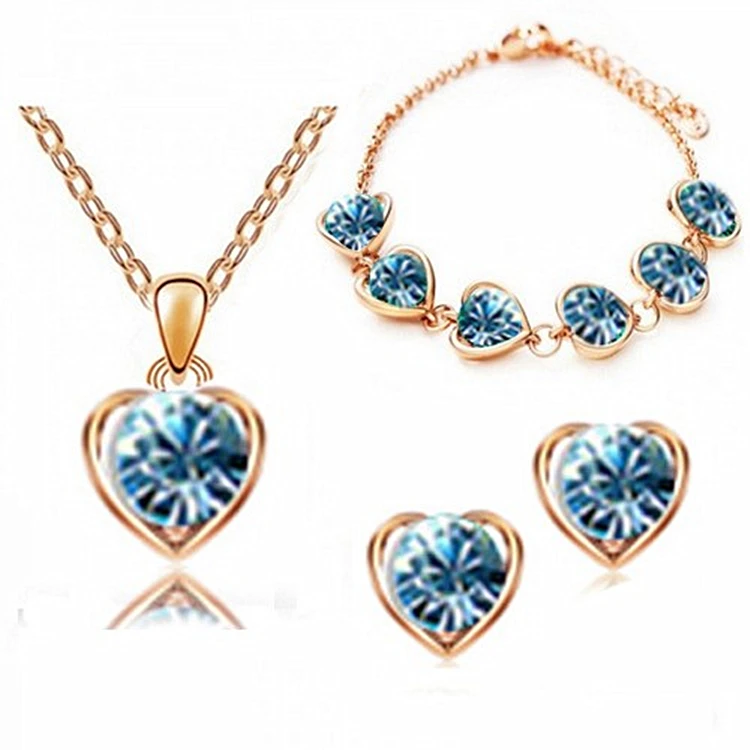 Simple heart necklace earrings bracelet three-piece element crystal fashion jewelry alloy diamond accessories