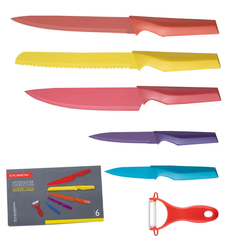 6 PCS Colorful Kitchen Knife Non-stick Coating Home  Stainless Steel Kitchen Knife Set