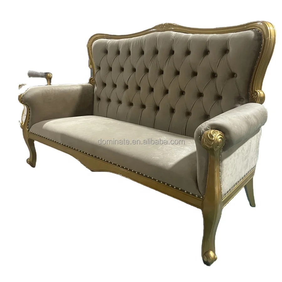 New style golden banquet velvet cloth backrest wooden pattern frame wedding hotel sofa chair