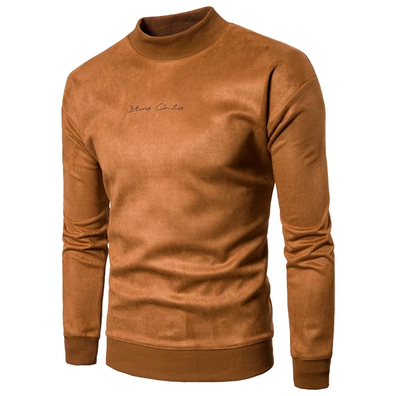 
high quality solid color embroidery logo men suede crew neck sweatshirt jumper 