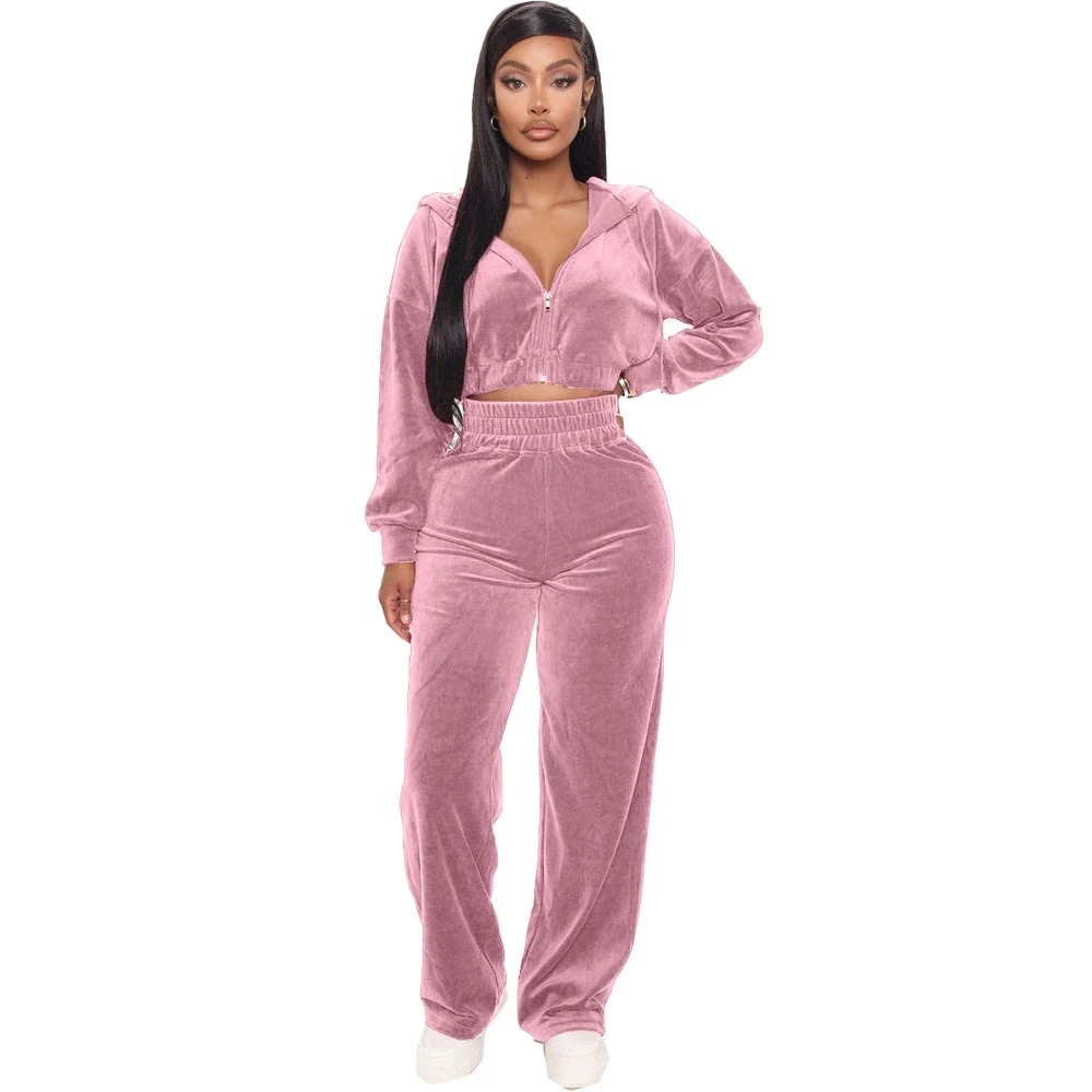 Winter Fitness Casual Jogging Velour 2 Piece Set For Women Crop Top And Two Piece Pants Set