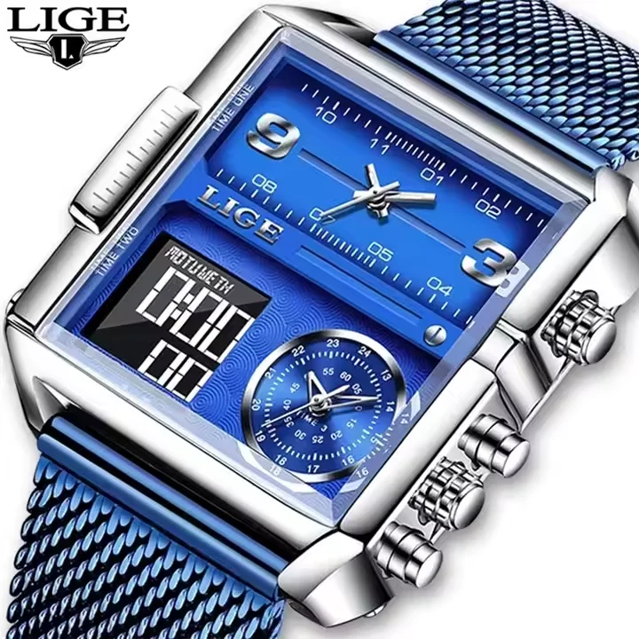 LIGE Luxury Men Digital Sports Watches LED Square Dial Analog Quartz Wrist Watch Multi-Time Zone Waterproof Stopwatch Male Clock