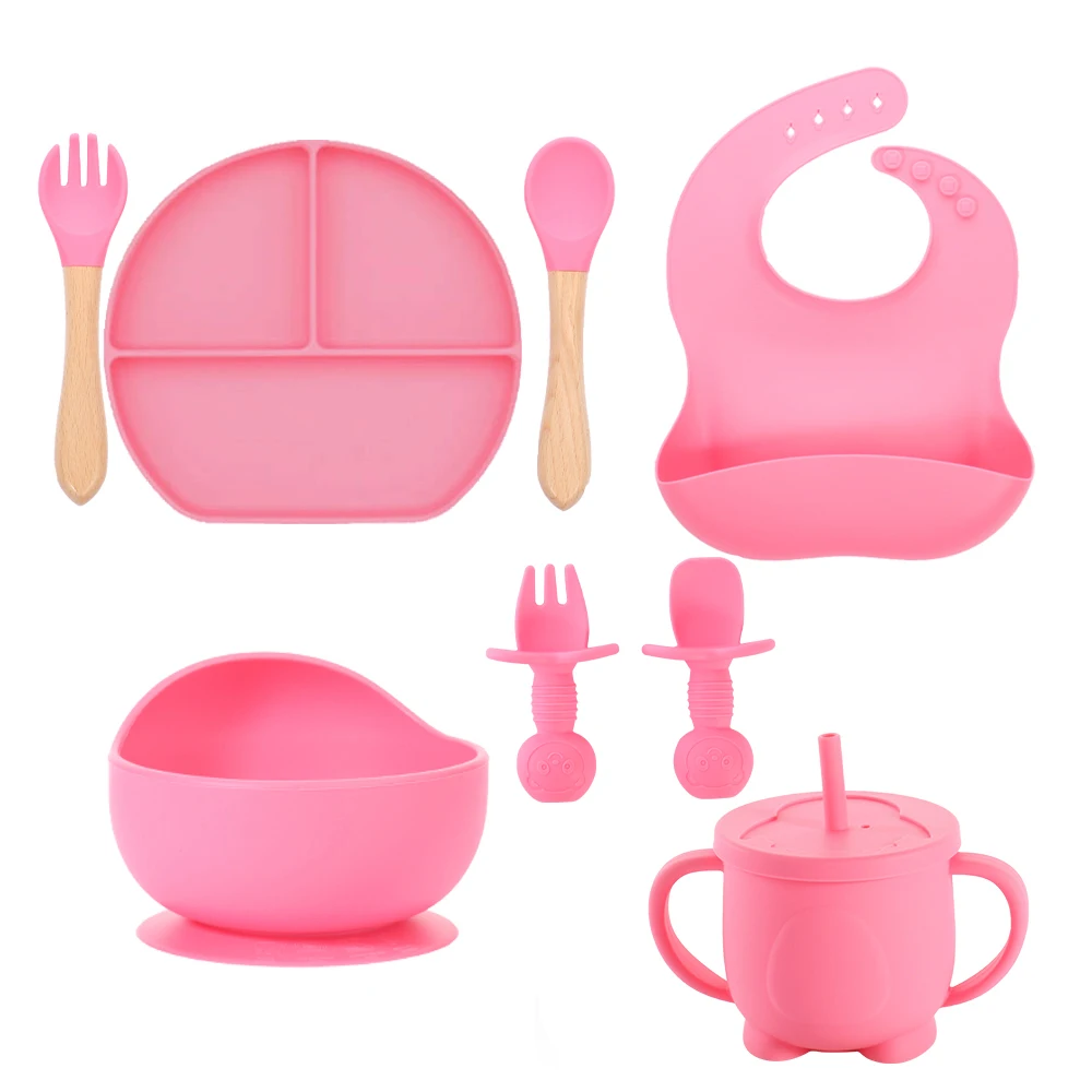 100% Bpa Free Baby Feeding Supplies Kids Dining Tableware Spill Proof Plate Bowl Bib Spoon Baby Silicone Feeding Set