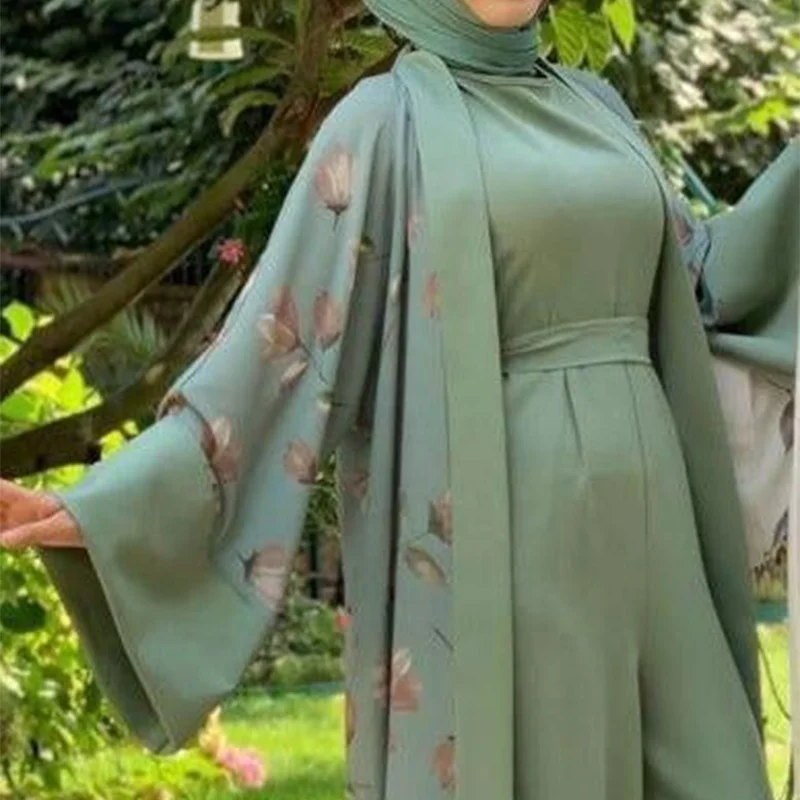 Popular dubai indonesia floral printed muslim dress casual dresses spring long sleeve muslims creep fabric for muslim dress