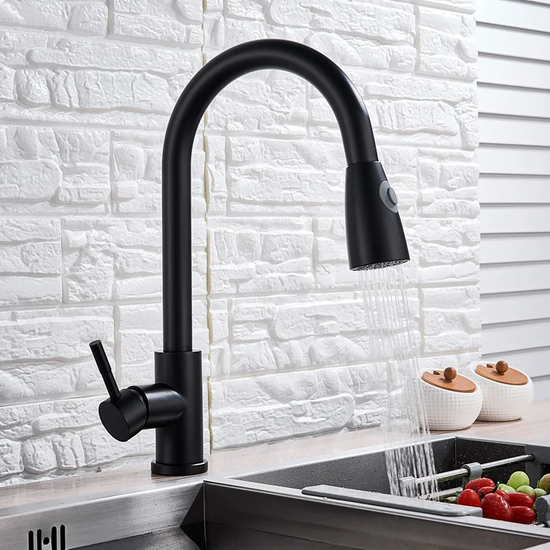Matte Black Brass Kitchen Faucet Golden Mixer Tap Pull Out Deck Mounted Bathroom Sink Faucet Hot Cold Water Mixers Stream Spray