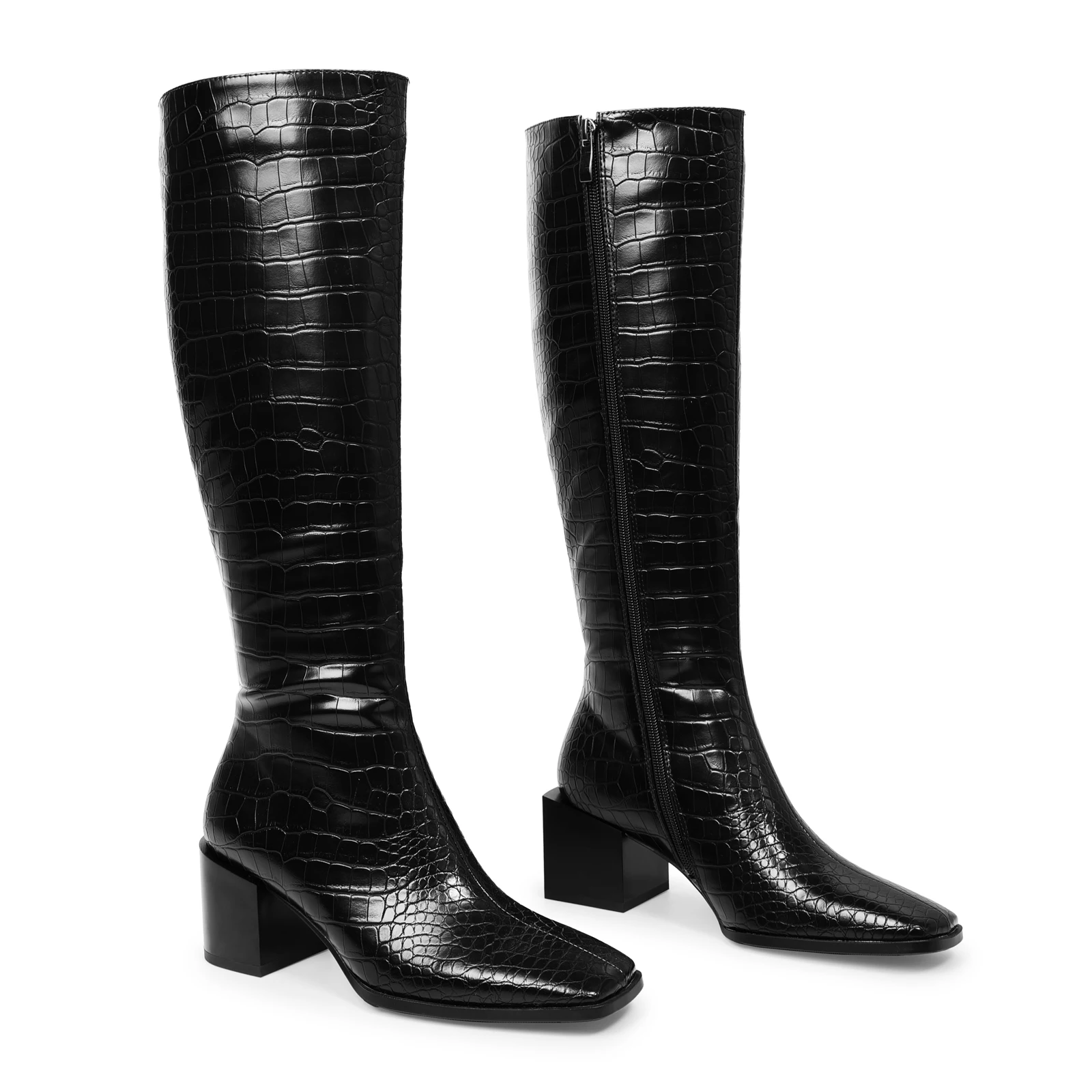 WETKISS Wholesale Custom Crocodile PU Shoes Tall Women Long Boots Black Go Go Boots Chunky Heel 70S Women Boots