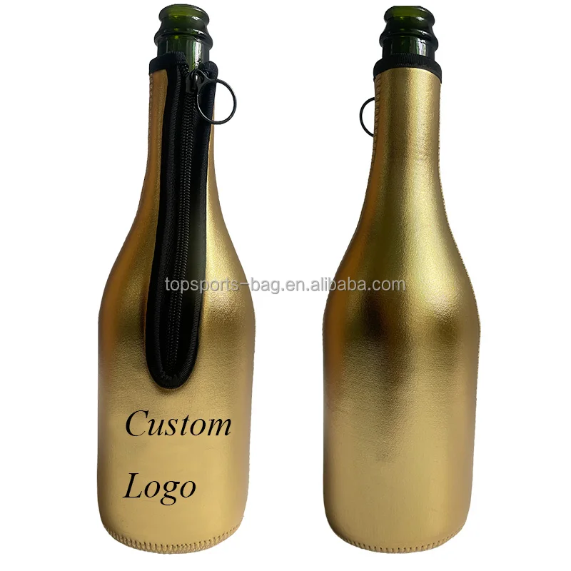 Custom Logo Shiny Neoprene Champagne Bottle Cooler 750 ml Bag Zip up Metallic Neoprene Sparkling Wine Bottle Cover
