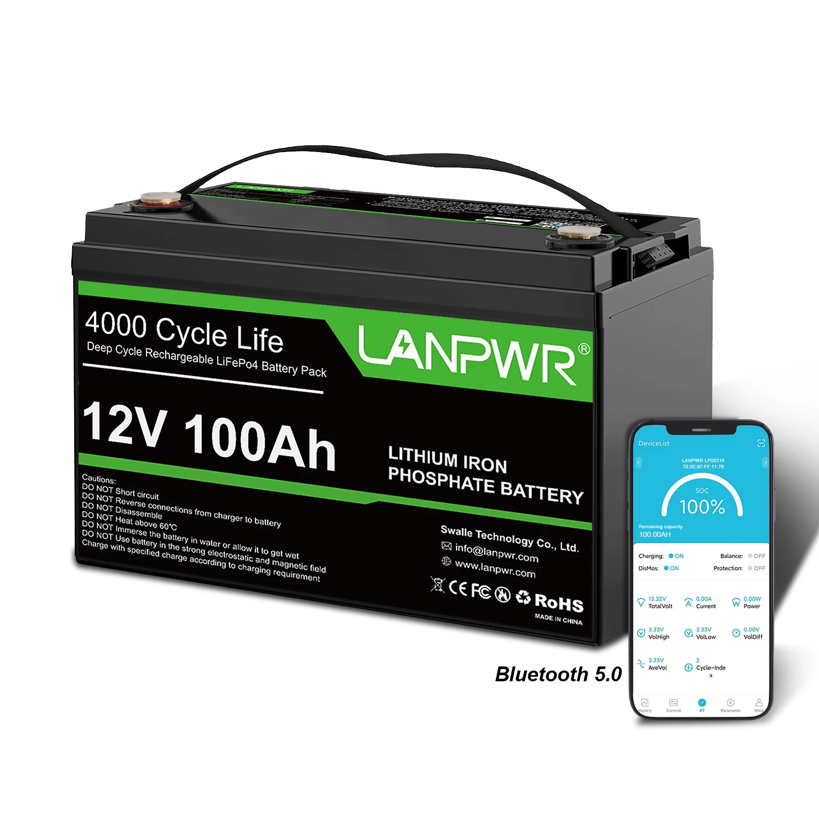 Аккумулятор LiFePO4 Bluetooth 5 0 12 8 В 100Ah LANPWR EU в наличии глубокий цикл литий-железо-фосфатный аккумулятор лодочный