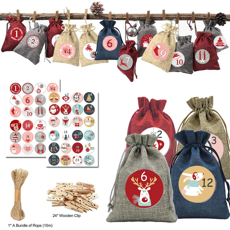 24Days Christmas Bags Gift Countdown Calendar Burlap Drawstring DIY Set Paper Stickers Advent Calendars