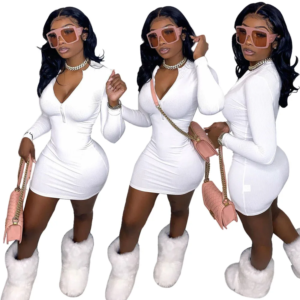 Women Clothing Stylish Sexy Club Party Solid Skinny Lucky Label Long Sleeve Lady White Bodycon Mini Dress Short Dresses