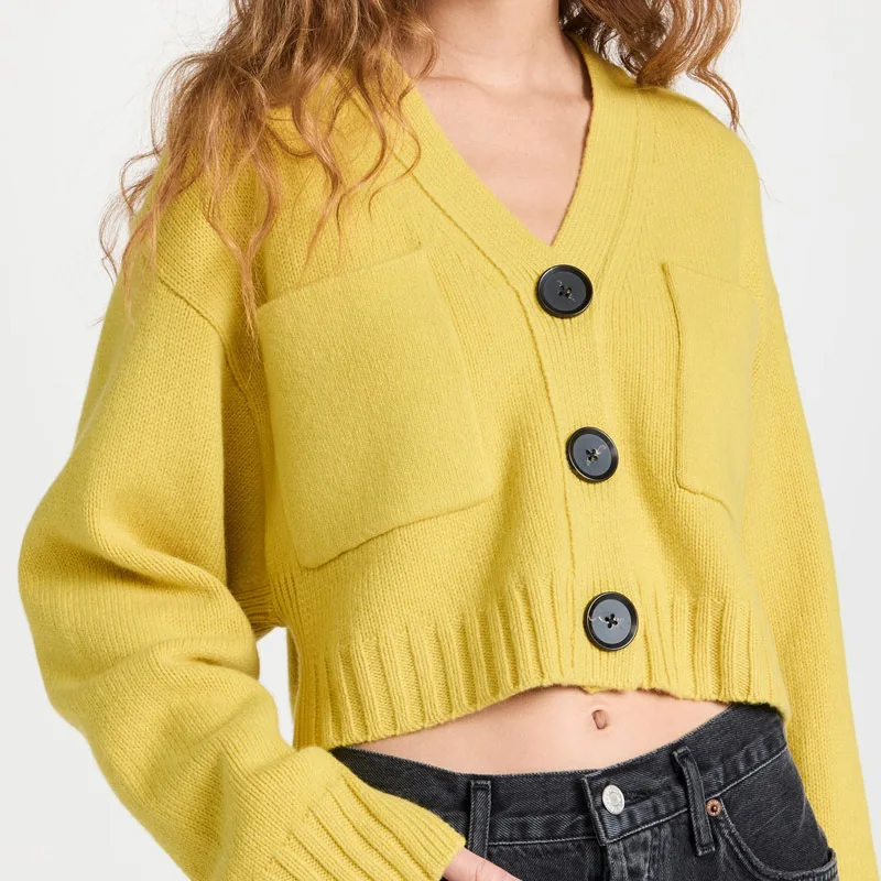 Custom Fashion Autumn Soild Color V-neck Ladies Cardigan Button Crop Top Casual Long Sleeved Knitted Sweater Cardigan women