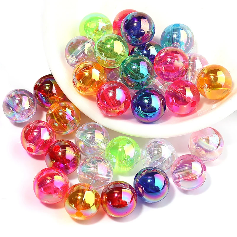 SOJI Wholesale Cheap AB color plated transparent acrylic beads round loose pearls beads with hole for jewelry making phone chain
