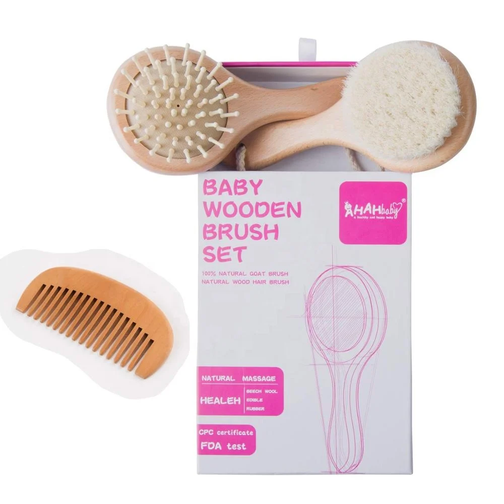 natural baby hair brush with soft goat hair wooden  children brush set customized logo cheap wholesale baby products 2022 trendi