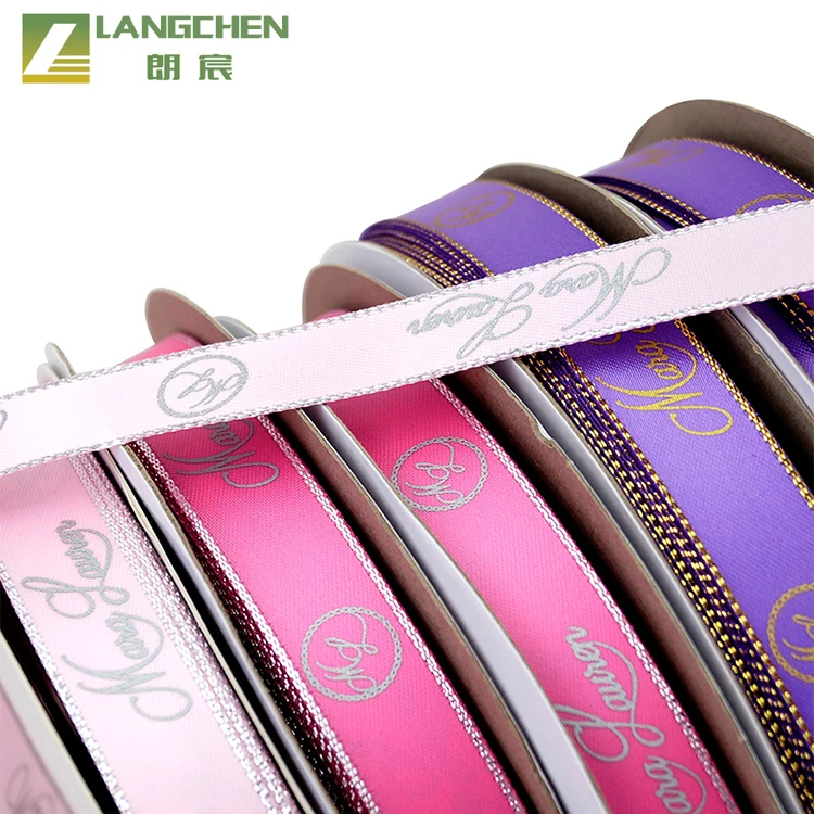 Wholesale custom printed logo gift polyester satin ribbon gold edge ribbon for gift wrapping