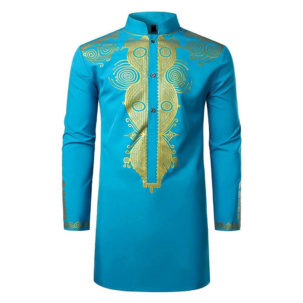 Мужская африканская традиционная Дашики Роскошная золотая рубашка с принтом средней длины для свадьбы Дашики для мужчин