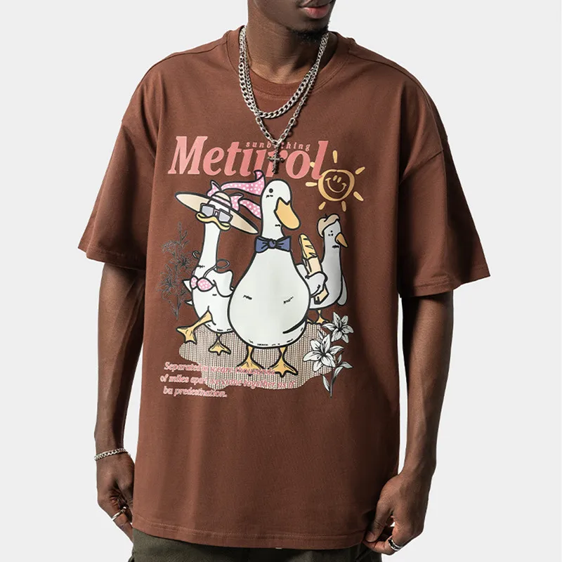 220G Heavy Combed Cotton Low MOQ Funny Cartoon Duck Printing Brown Color Wholesale Custom Tee Shirts For Men