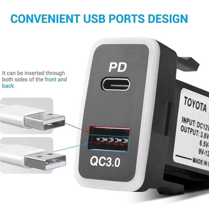 Toyota Vigo PD Type C USB Power Socket, USB C & Quick Charge 3.0 Car Charger USB Adapter Port Socket for Smartphone/Pad/Tablet