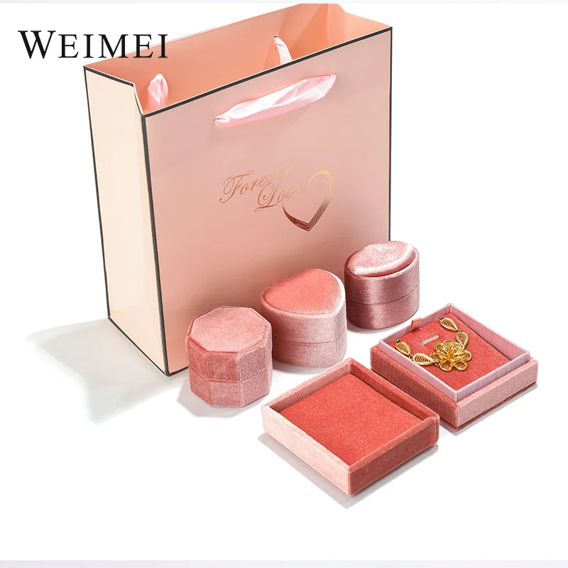 WEIMEI Manufacturer creative high-end wedding jewellery box round korea velvet ring box hexagonal velvet jewelry box with bag