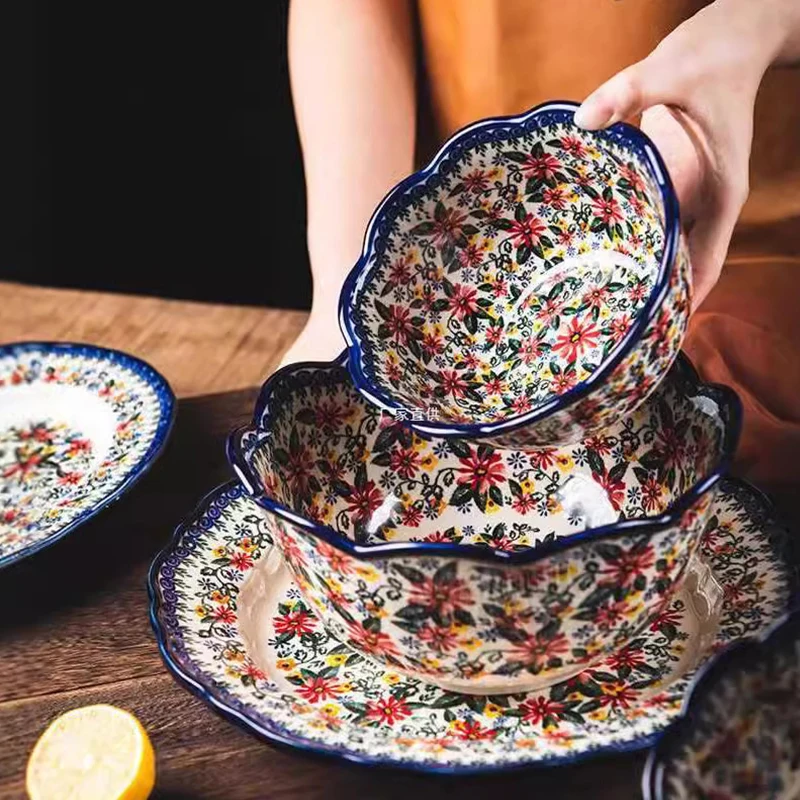 Ethnic Fancy Dubai Plates Sets Polish Style Retro Floral Salad Porcelain Bowl Dishes Ceramic Dinnerware Set