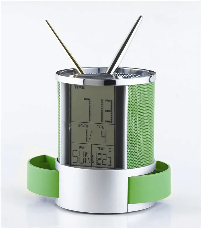 Factory wholesale custom table clock with pen holder pen holder with digital clock pen holder with clock and thermometer