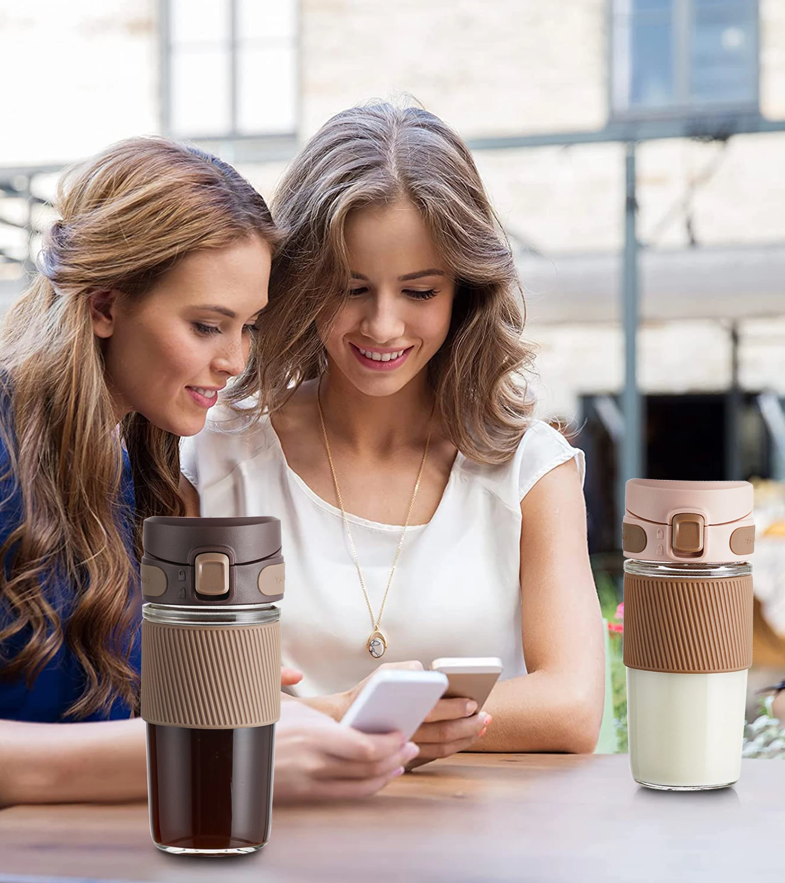 16 OZ Leak Proof Reusable with Silicone Sleeve - BPA Free Coffee Cup Glass Coffee Mug