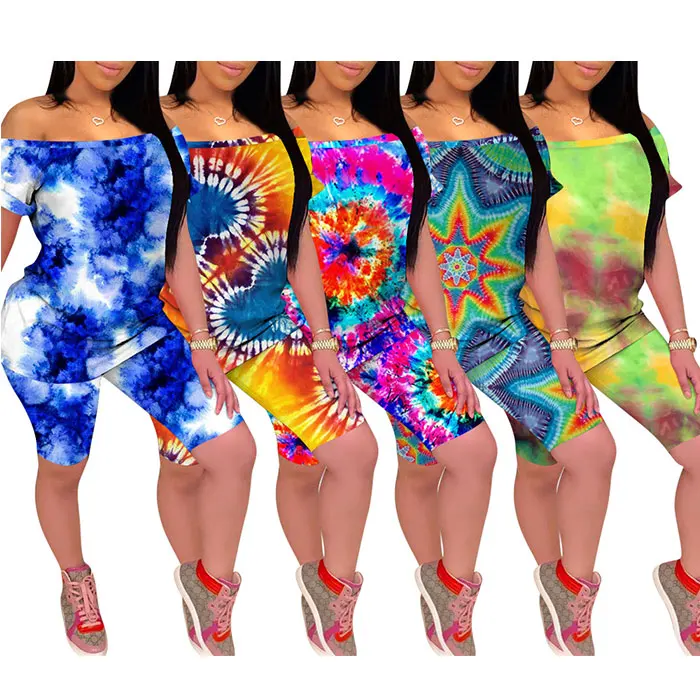 
2020 trendy summer 5colors women clothing rainbow tie die flora print two piece tracksuit outfit 2 piece short set 