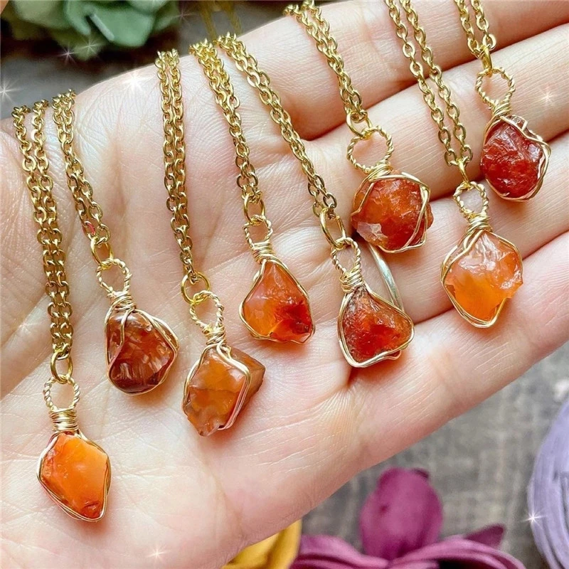Carnelian Necklace with Gold Wire Wrap August Birthstone Choker Orange Crystal Healing Stone Pendant