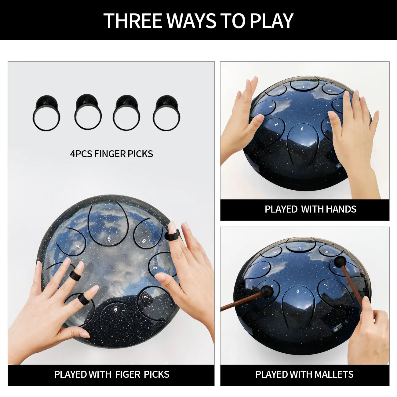 ASTEMAN Steel Tongue Drum Star series Starry Black 6 inch 8 tone C key  Lotus Steel Tongue Drum