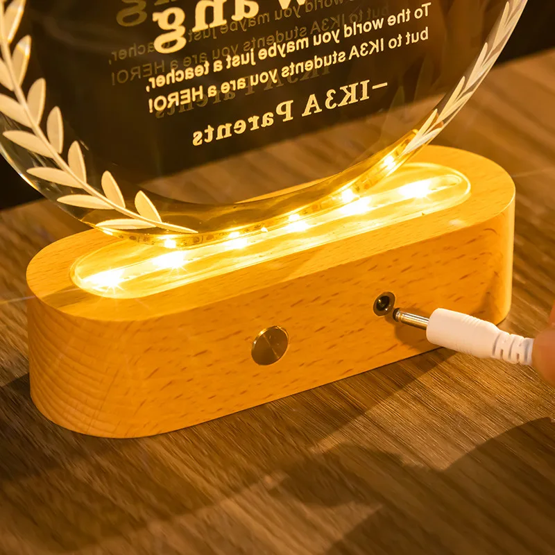 Honor of Crystal Creative Excellent Staff Competition Luminous Glass Awards Solid Wood K9 Blank Crystal Glass Custom LED Trophy
