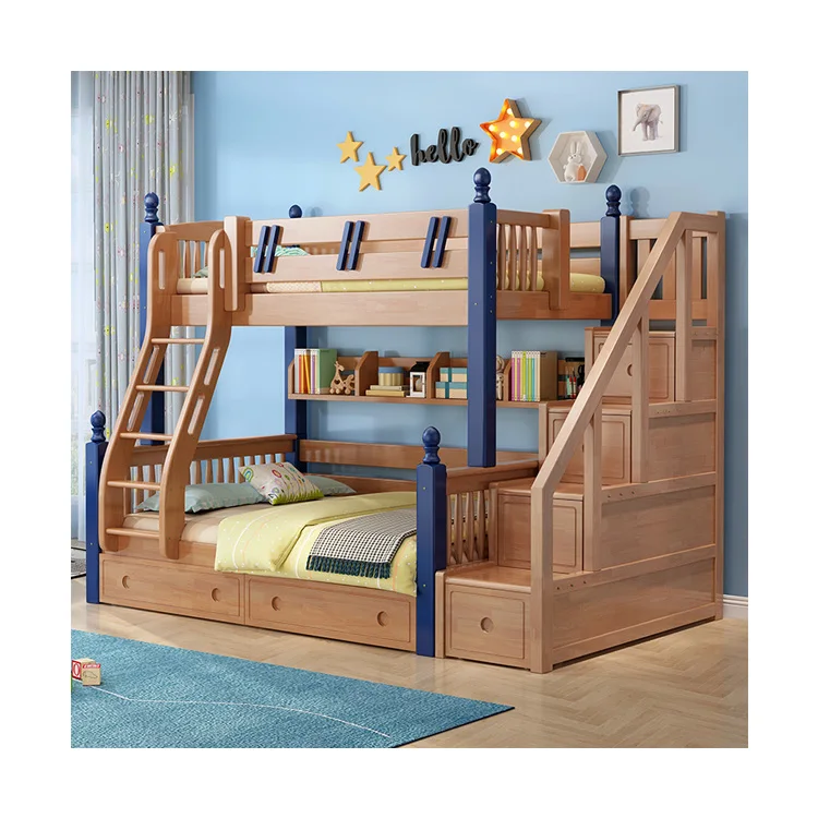 Latest modern design solid wood bed furniture children double bunk bed with slide