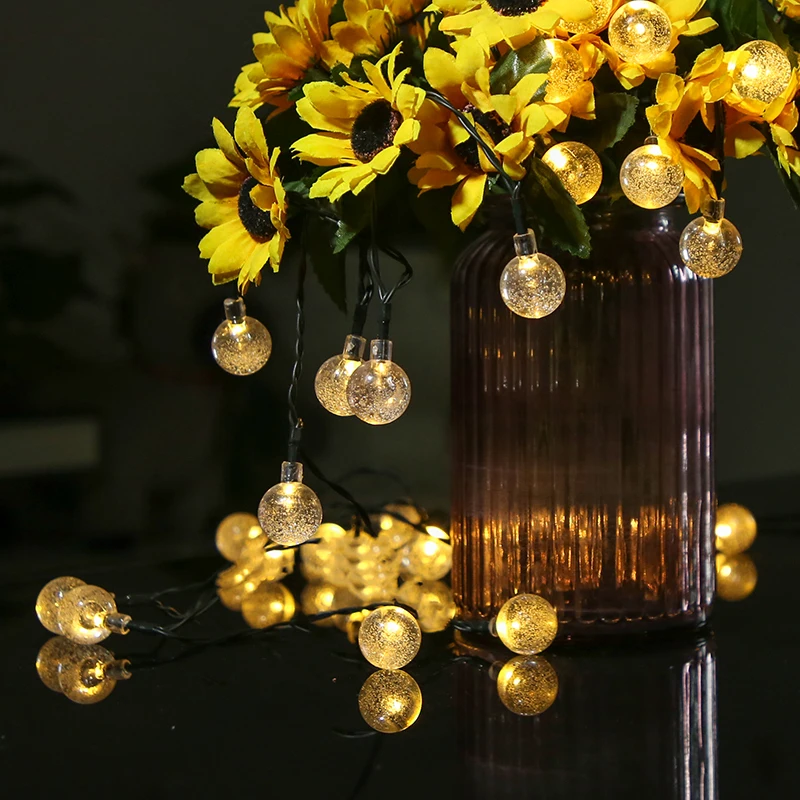 Outdoor Waterproof 48ft Crystal Globe Lights 8 Lighting Modes Holiday Party Garden Yard Decoration 30 LED Solar String Lights